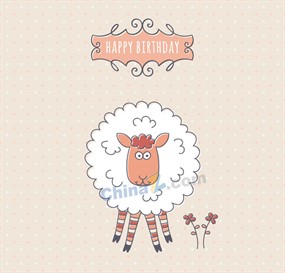 彩绘绵羊生日贺卡矢量图